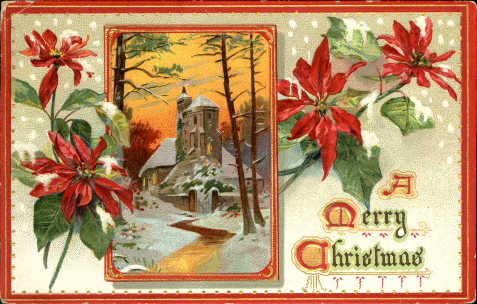 Christmas ~poinsettia country church sunrise Tuck~1910 BROKAW WI to Mildred John