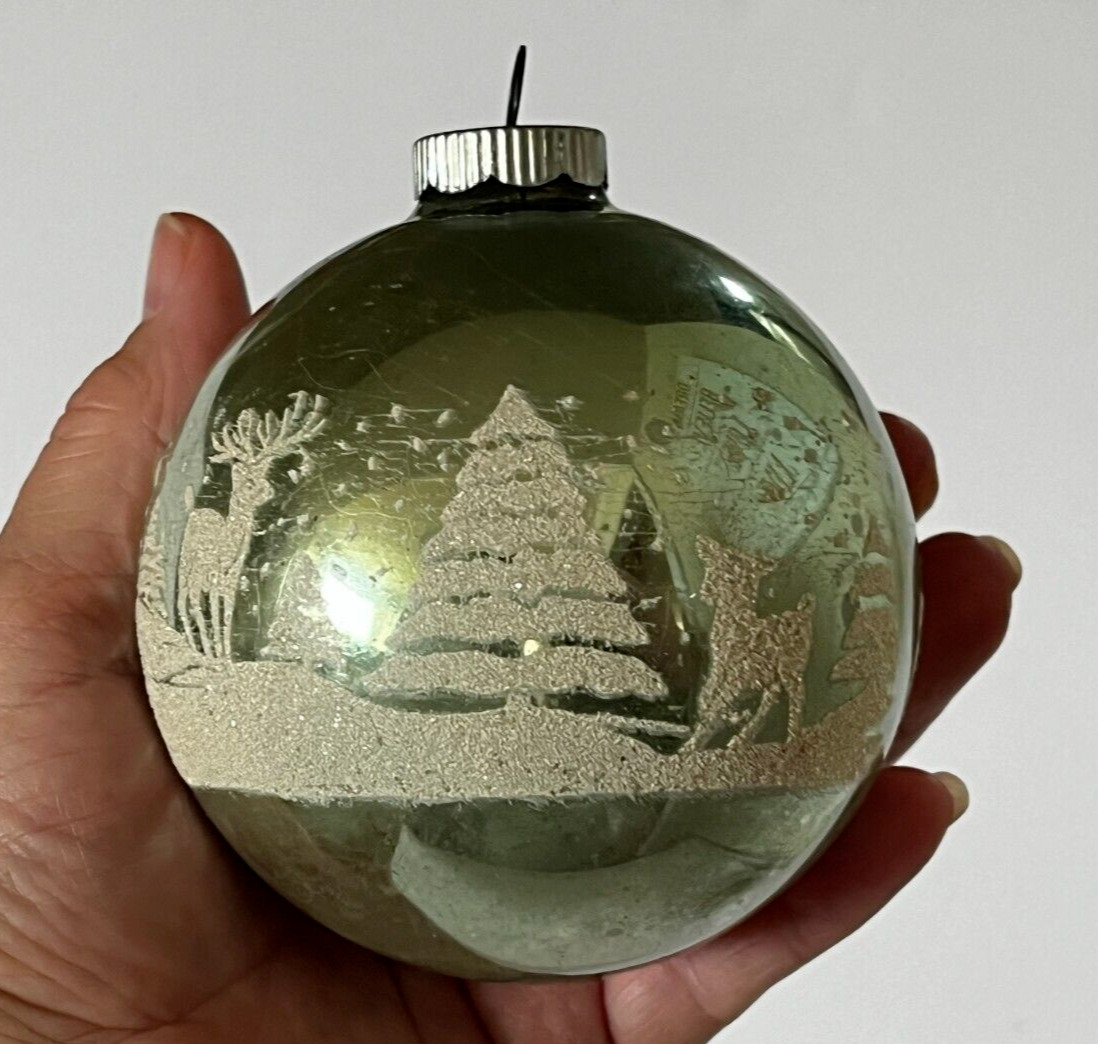 Vintage Large Jumbo Shiny Brite Stencil Mica Glass Ornament Deer Winter Scene 4\