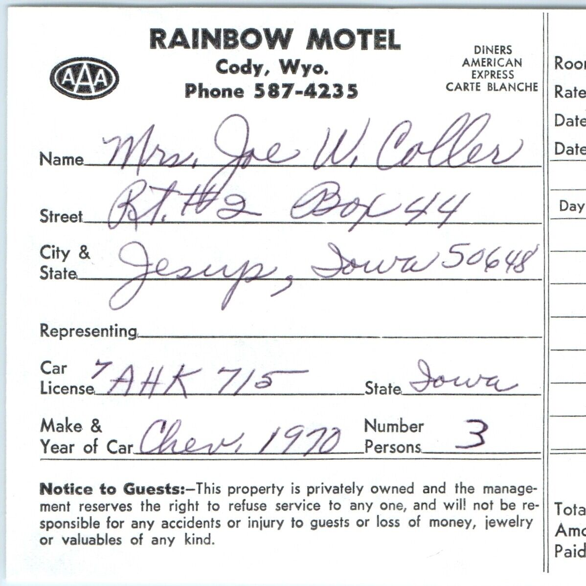 1975 Cody, Wyoming Rainbow Motel Registration Receipt Ephemera Vtg Hotel 2B