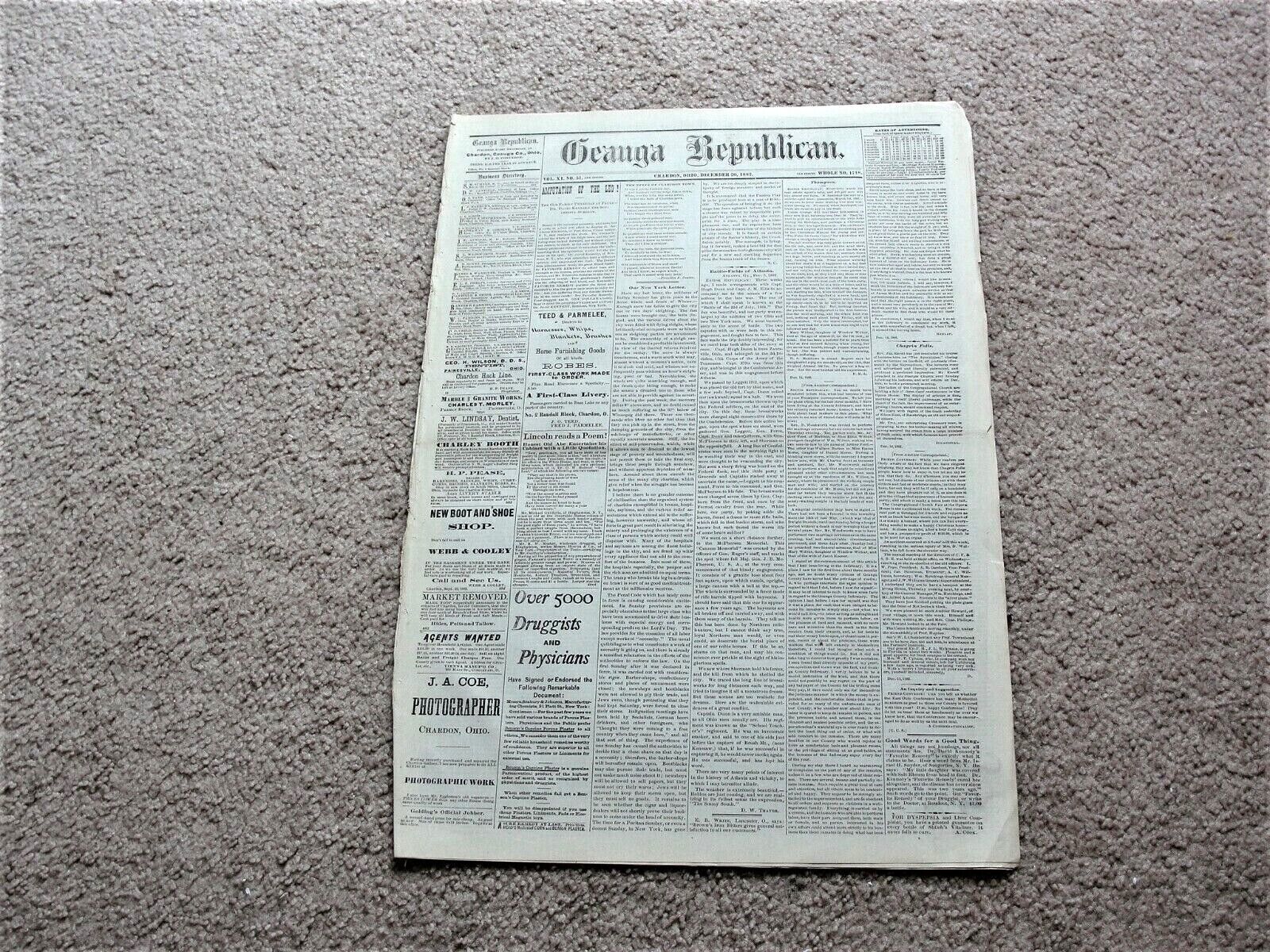 Geauga Republican, Wednesday, December 20, 1882- Chardon, Ohio Newspaper. 