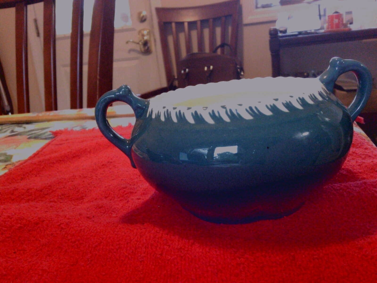 Vintage Harkerware Pottery Sugar Bowl NO LID Teal Green White Trim