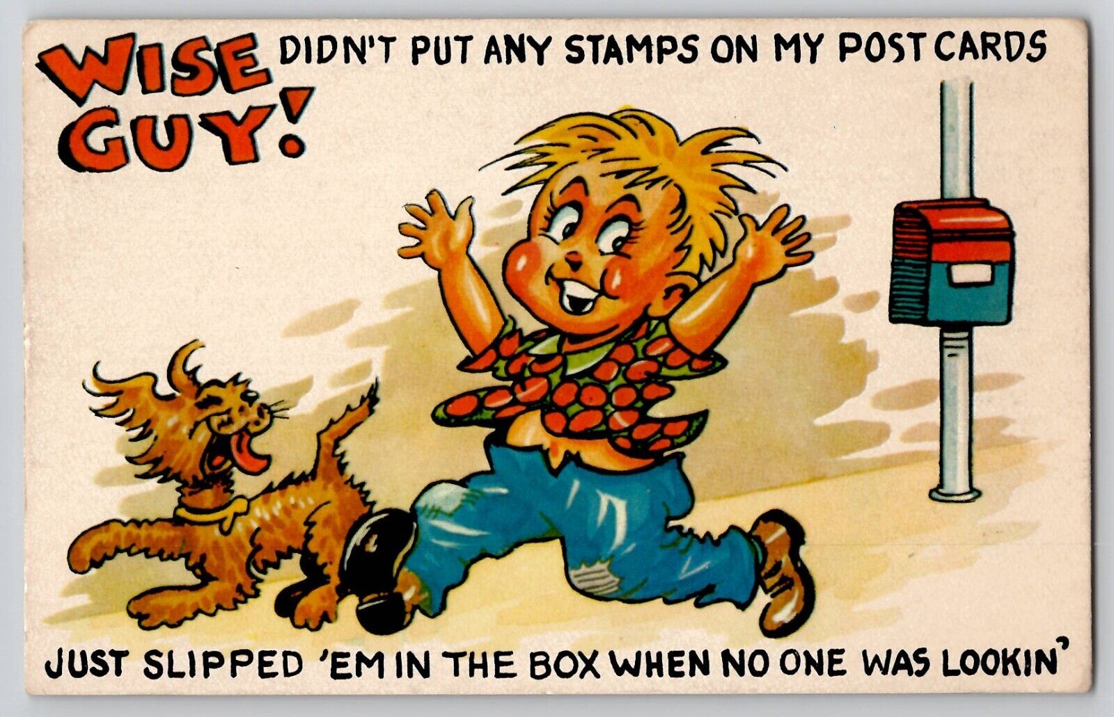 Missing Stamps Wise Guy Mailbox Humor Dog Little Boy Comic Chrome Postcard 1960s