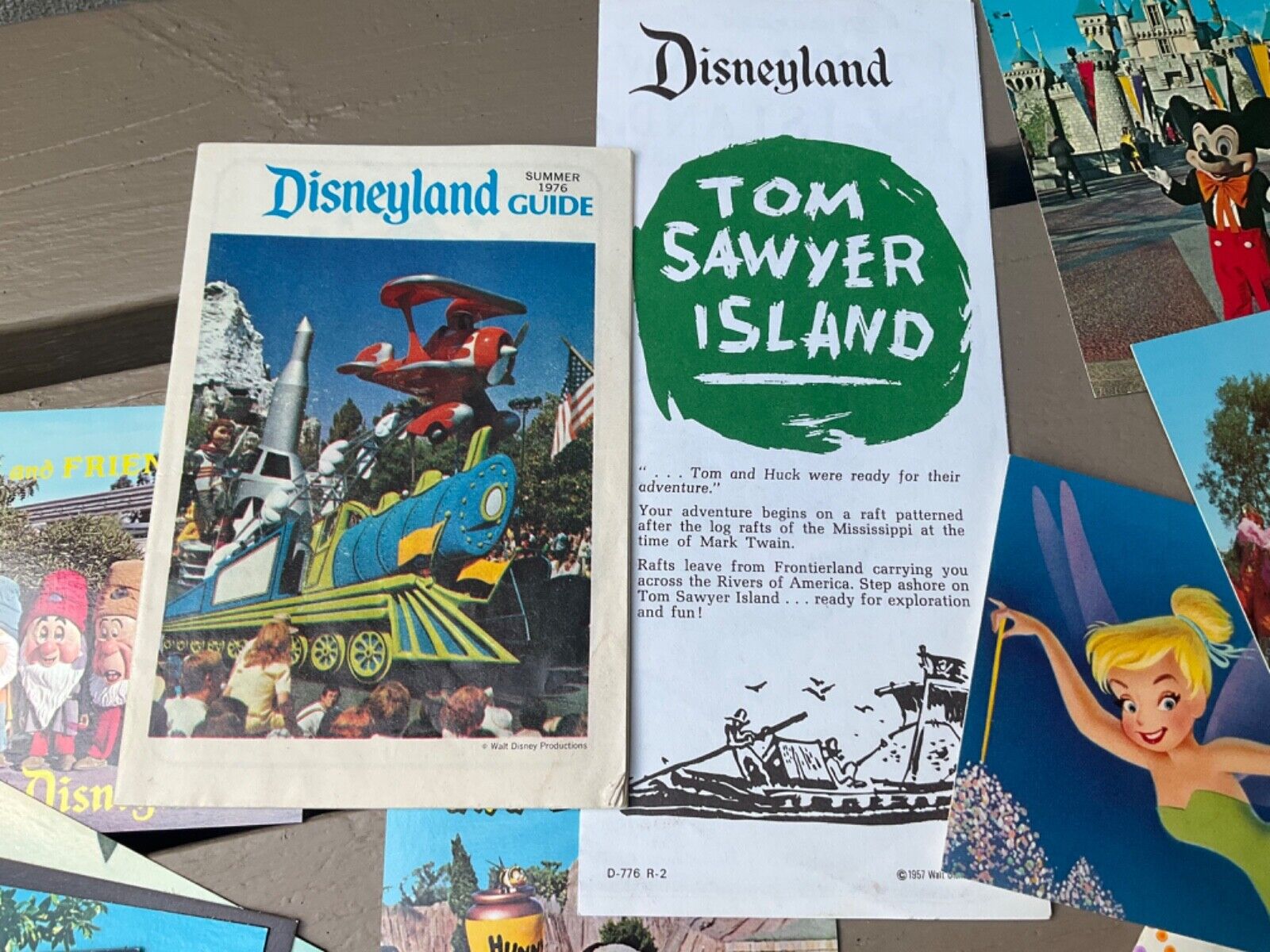 Vintage DISNEYLAND CA LOT Tom Sawyer 1957,  Tour Guide 1976 Postcards Gift Bag