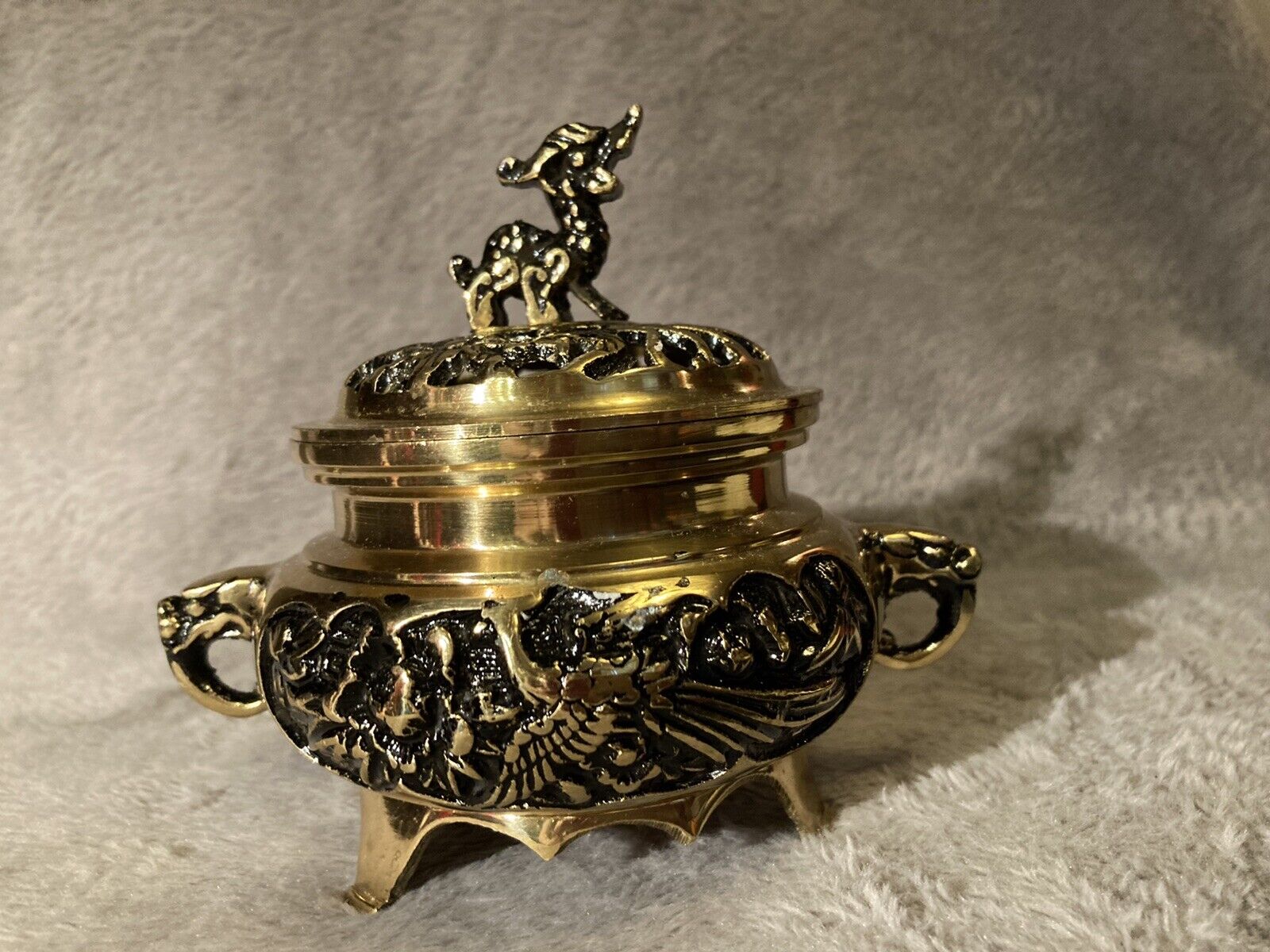 New Brass Asian Censer 5x4x4 with Elephants, Birds, and Fruits