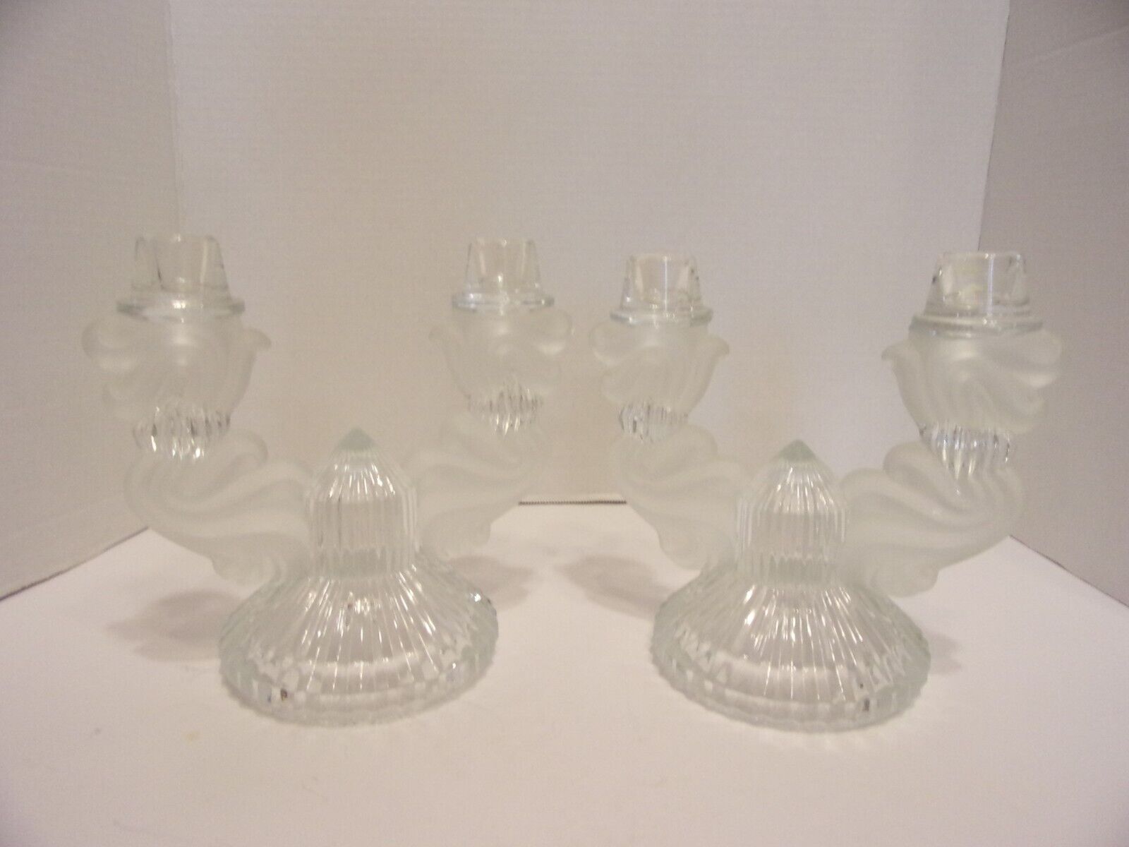 CANDLE HOLDERS DOUBLE BEAUTIFUL UNUSUAL FROSTED WAVES BRIGHT CRYSTAL