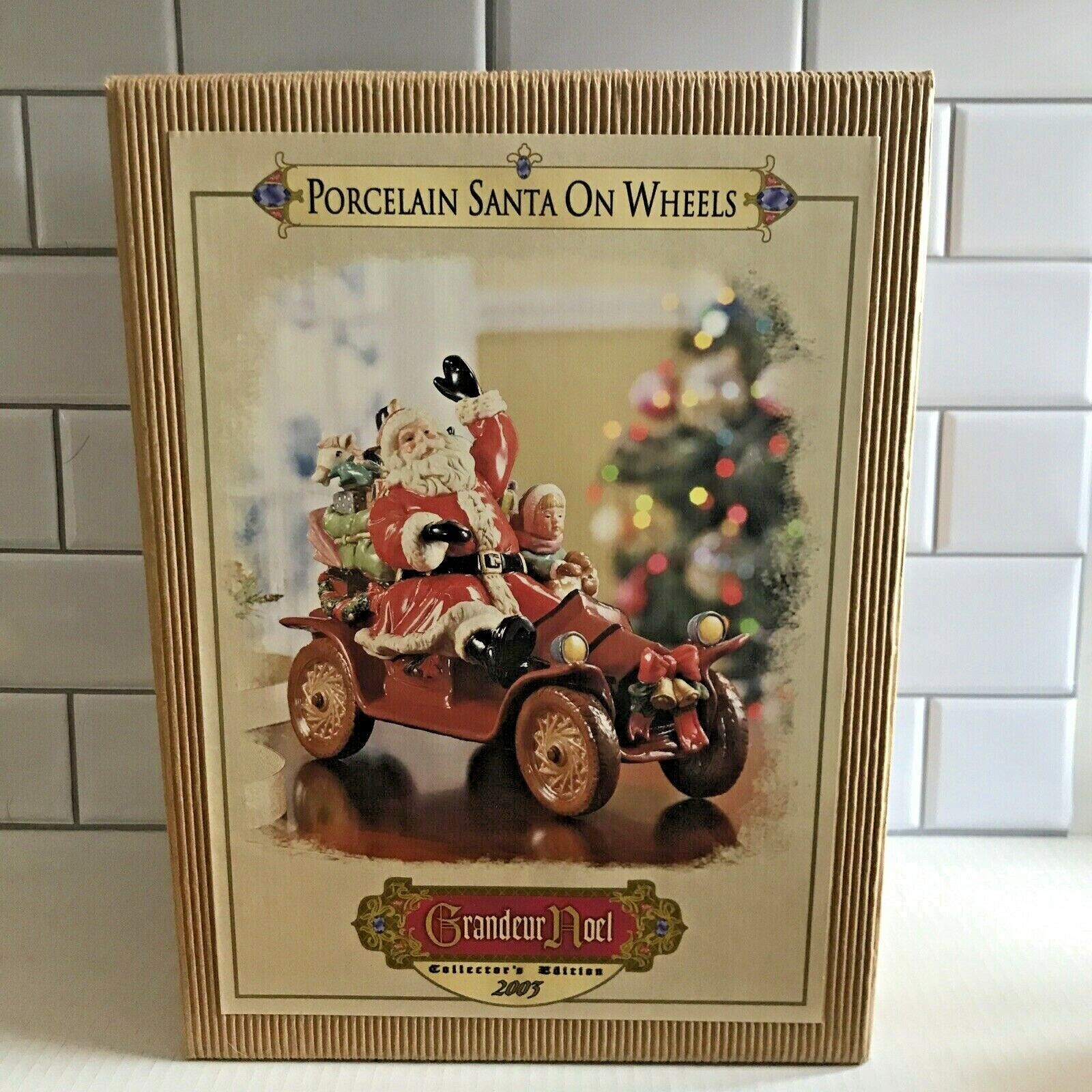 Grandeur Noel Porcelain Santa On Wheels Brown Car 2003 Collectors Edition