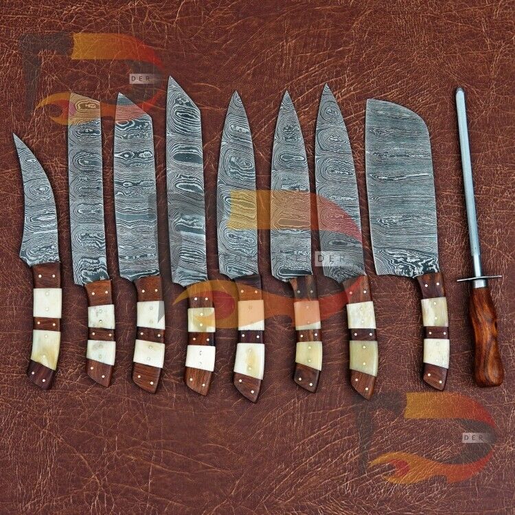 Custom Handmade Chef set Of 9pcs,Damascus steel Knife Set,Chef Knives | Sheath