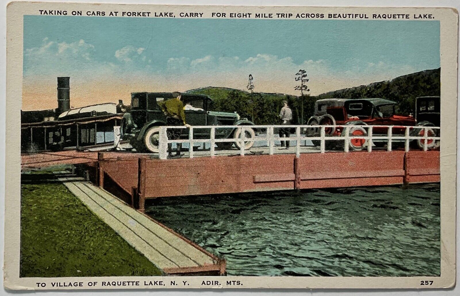 Forket Lake Car Ferry Raquette Lake Adirondacks New York Postcard c1920s