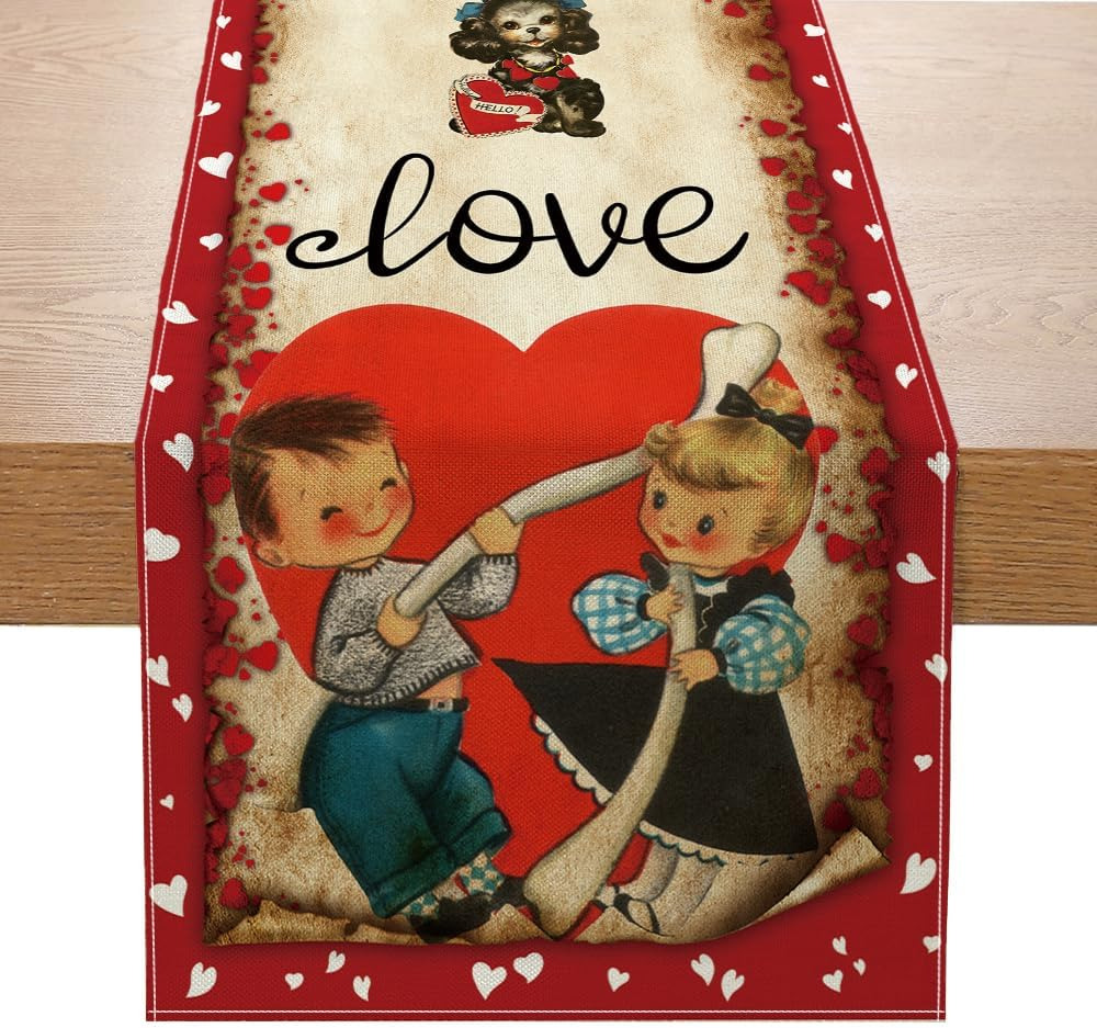 Vintage Valentine\'S Day Table Runner Valentines Decorations - Red Love Vintage S
