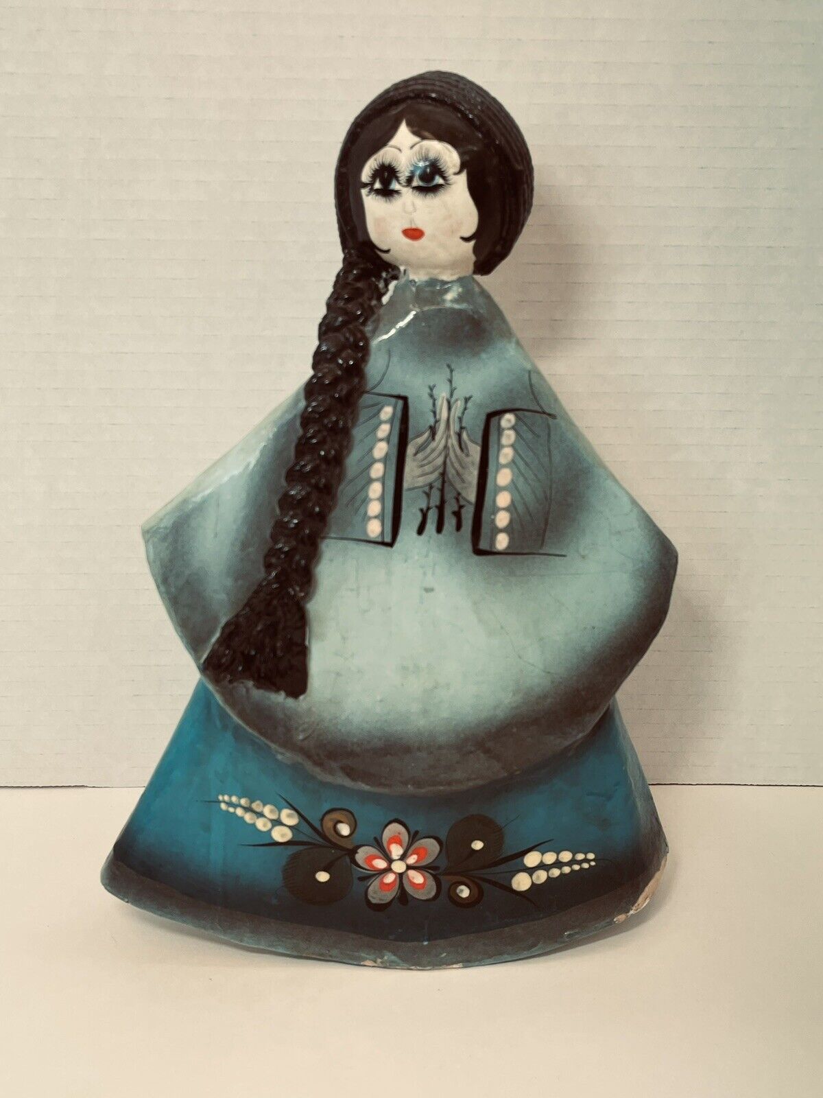 Vintage Mexican Folk Art Doll Paper Mache Blue Signed AYA - Arana Aicaia - READ