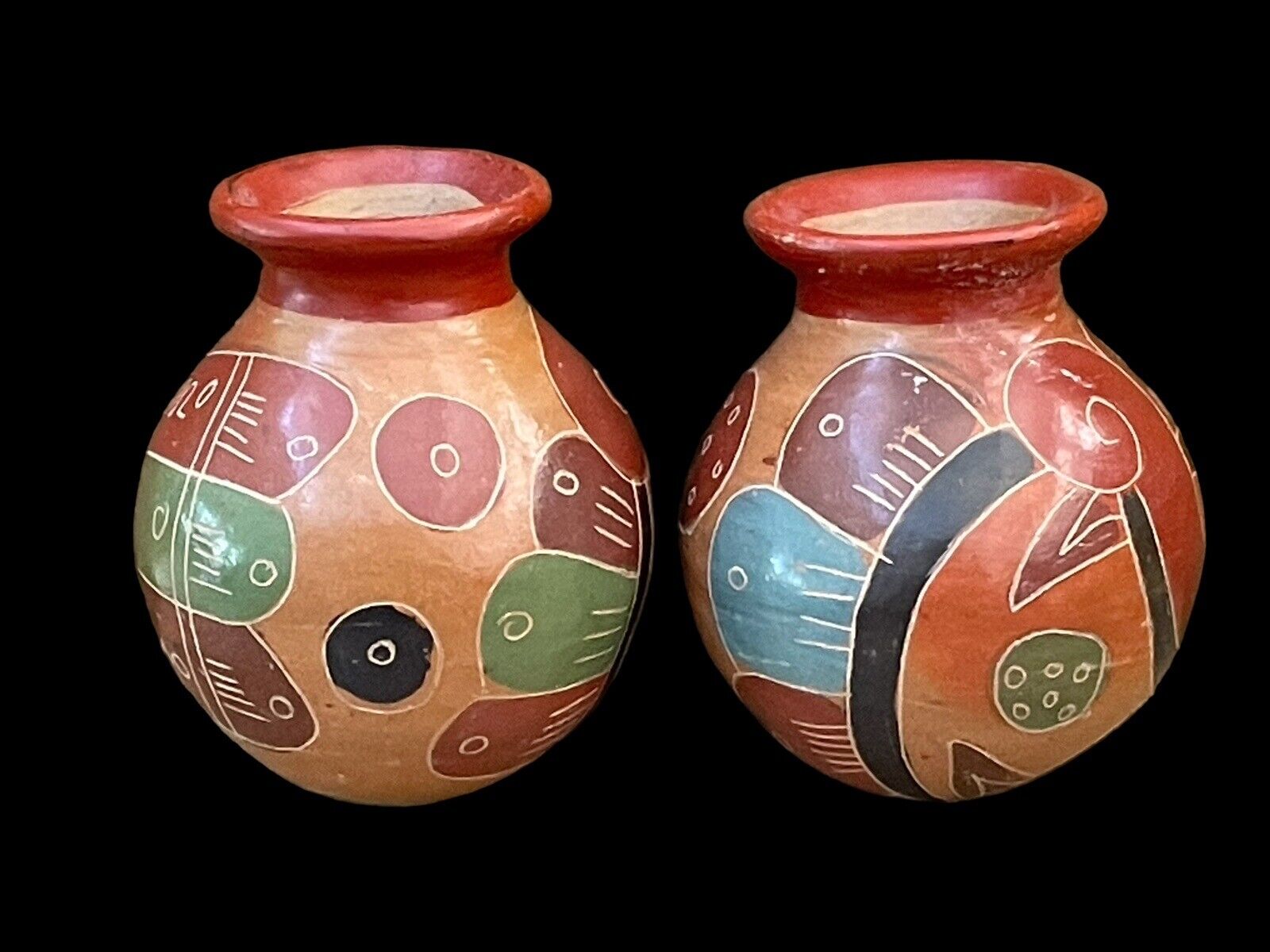 Two Vintage Polychrome Pottery Pot Vases Central America Mexico Hand Thrown