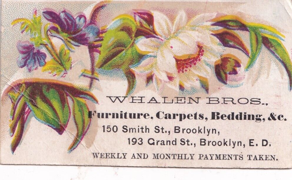 Small 1800\'s Victorian Trade Card -Whalen Bros Furniture Carpets -2 x 3.25