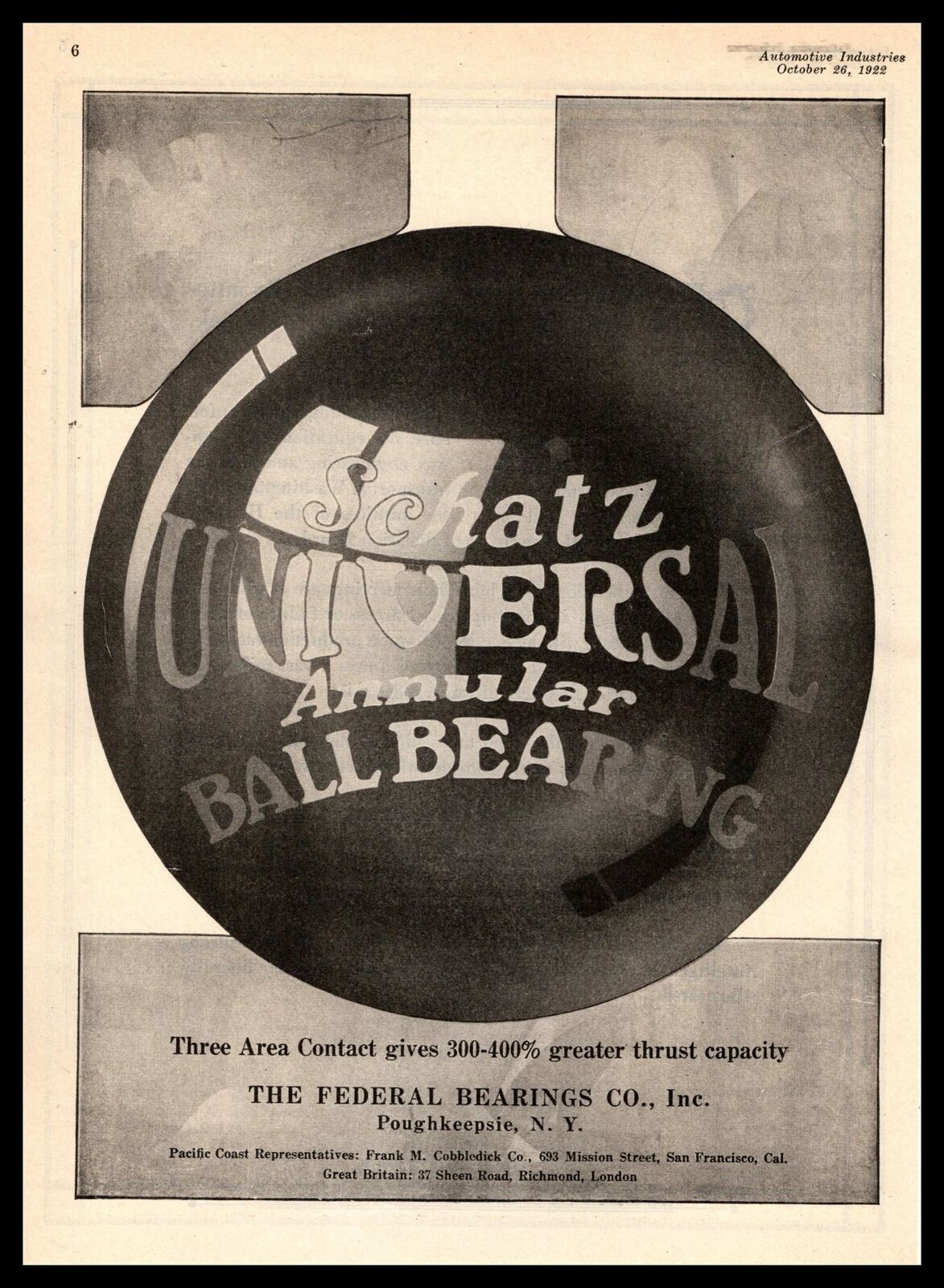 1922 Schatz Annular Ball Bearing Federal Bearings Co. Poughkeepsie NY Print Ad