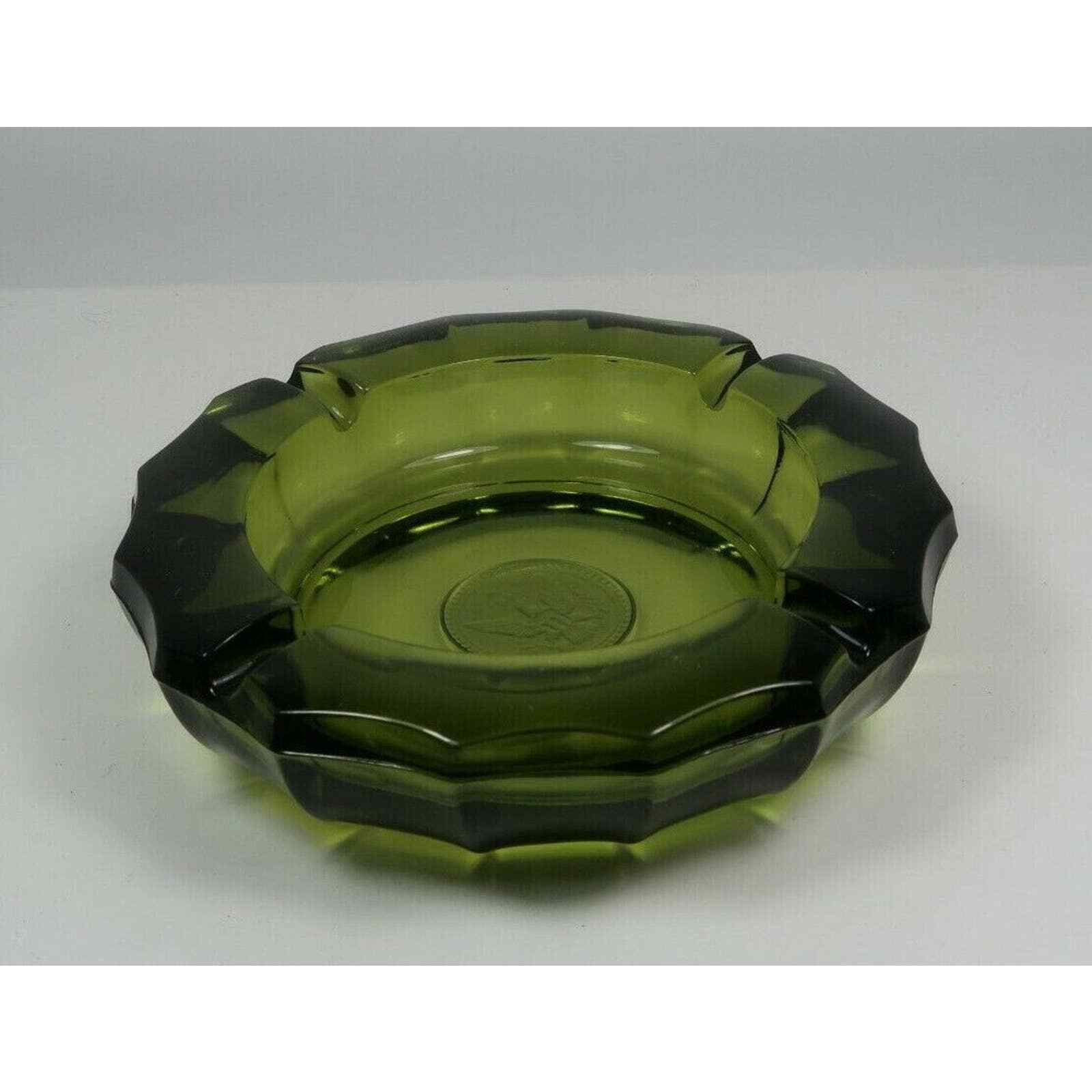 Vintage Heavy 1887 Eagle Coin Green Glass Ashtray - 5 Inch Very Good Condition
