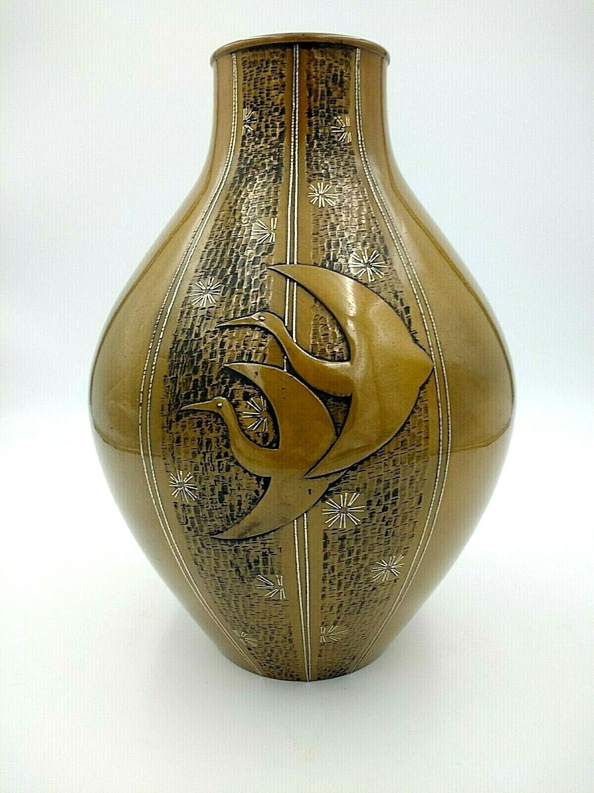 Japanese Handmade Bronze Silver Inlaid Vase Famous Artist Hannya Kankei 1933 - ?