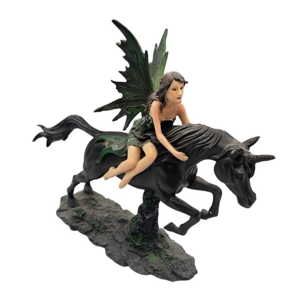 Y2K Vintage Dark Fairy Princess Figurine Riding Black Unicorn Metal Wings