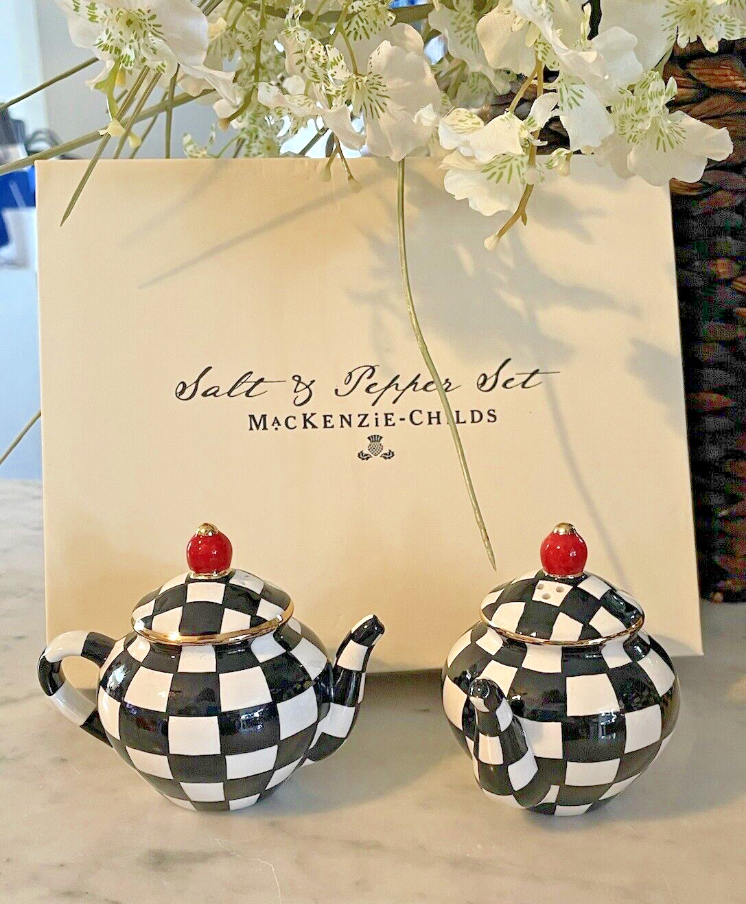 Mackenzie Childs Salt & Pepper Set Ceramic Courtly Check Teapot Black White NOB