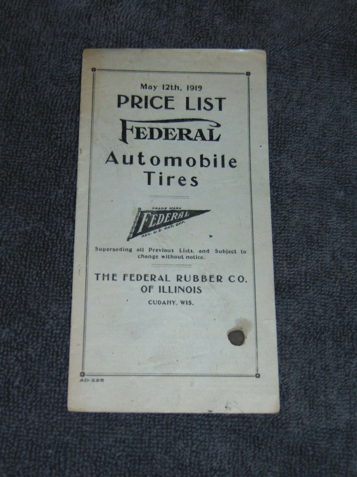 ORIGINAL 1919 FEDERAL AUTOMOBILE TIRES PRICE LIST BROCHURE