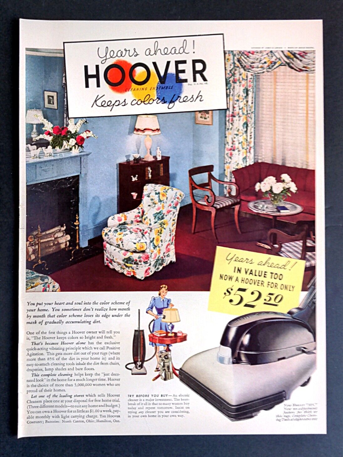 1939 HOOVER Vacuum Cleaner Cleaning Ensemble  Fresh & Clean Rugs Ad Print