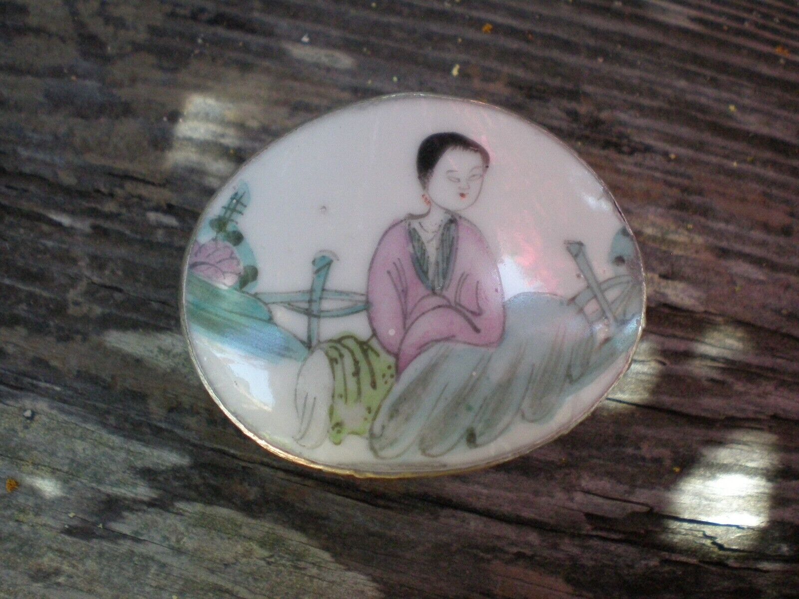 Vintage Chinese Geisha Silver Plated Trinket Box Hand Painted Enamel