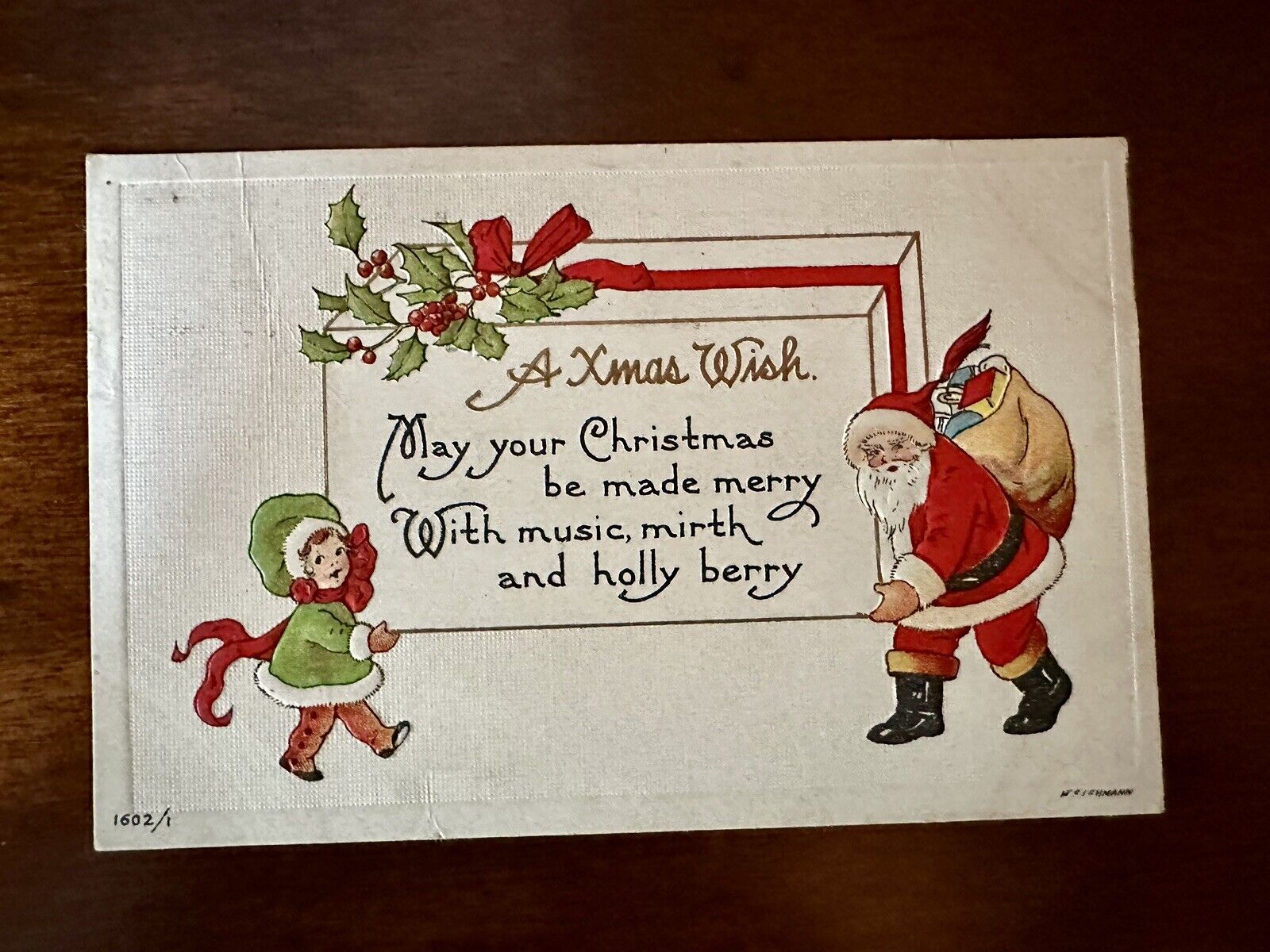 Holiday Christmas Postcard Santa & Child Holding Sign 1915 Signed H36