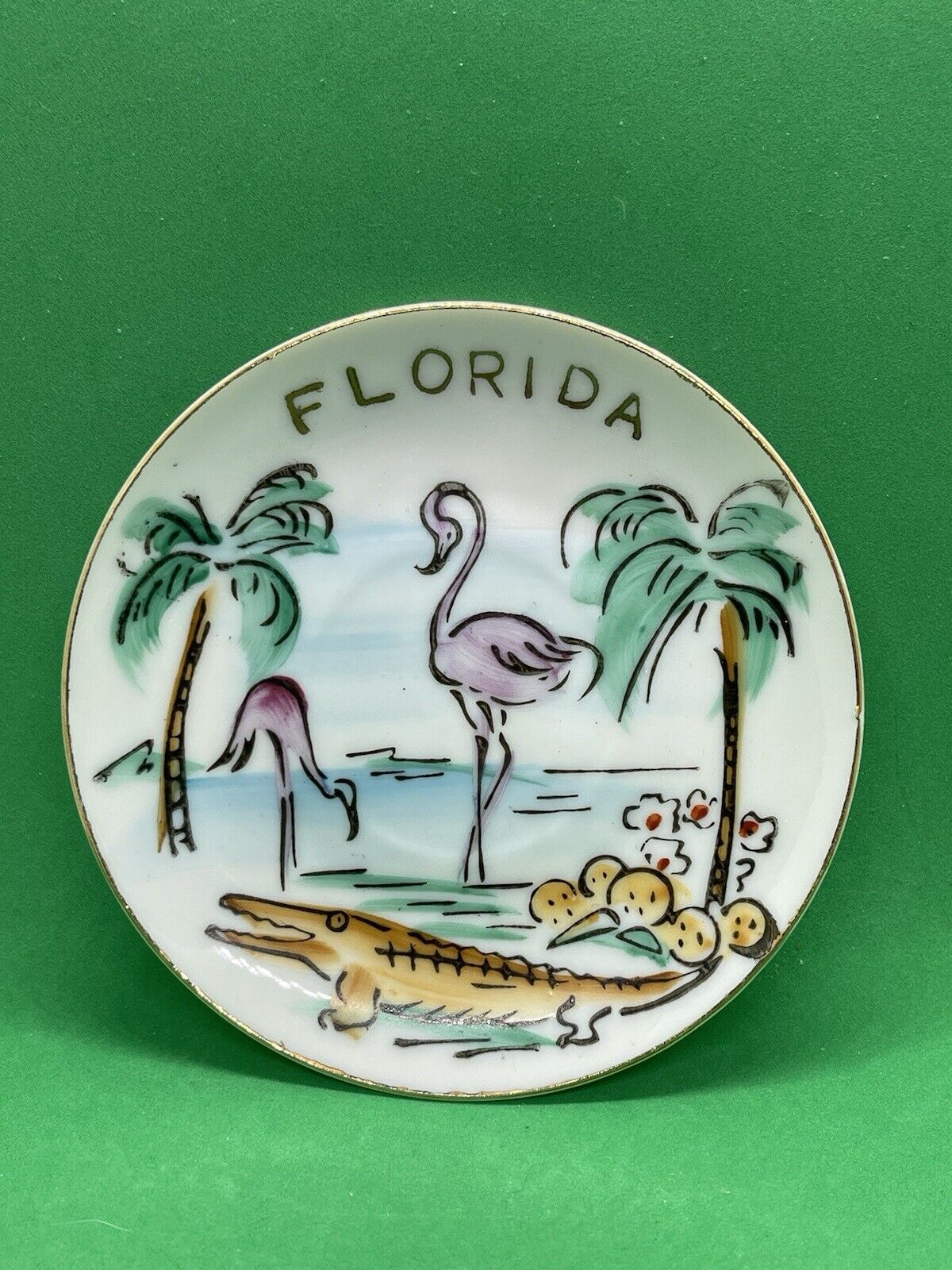 Vtg Florida Souvenir Display Plate Made In Japan 4” Flamingos Gator Gold Trim