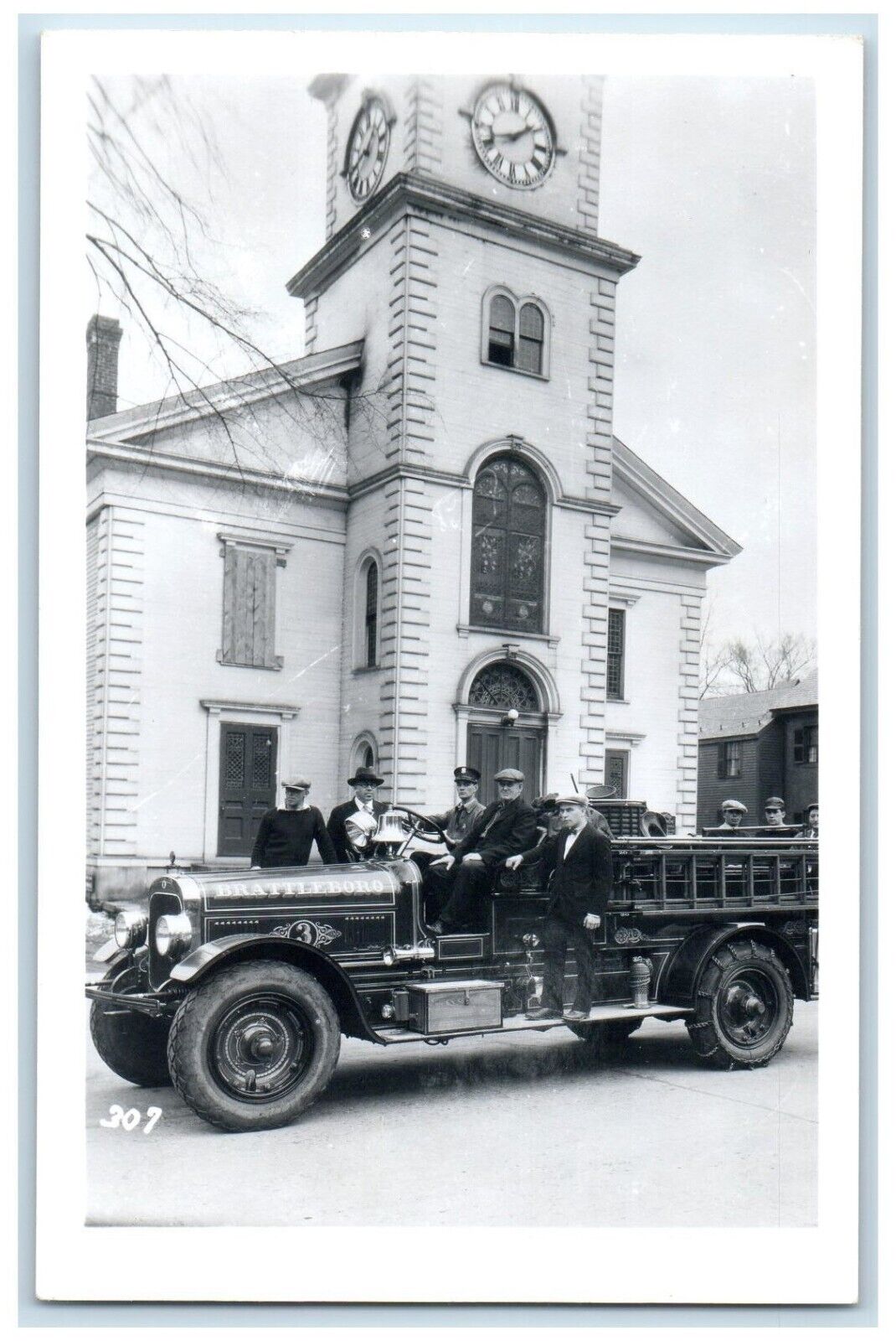 c1950\'s Fire Engine Fireman Church Brattleboro Vermont VT RPPC Photo Postcard