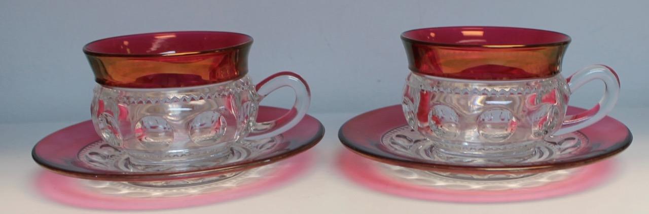 Indiana Glass Ruby Red Flash Kings Crown Thumbprint Pair of Cups & Saucers