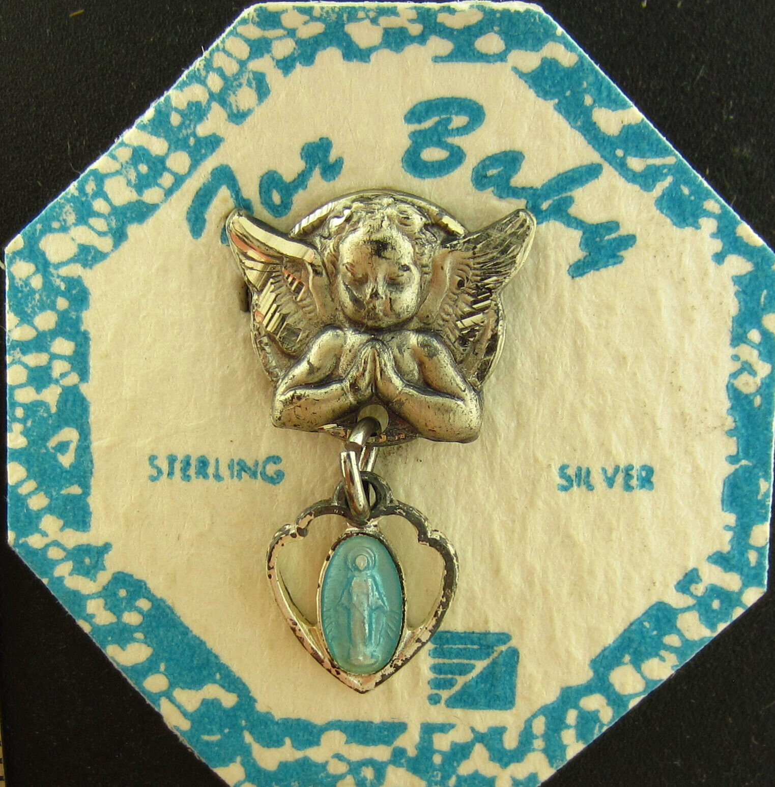 Vintage Sterling Cherub Angel Miraculous Blue Enamel Pin In Origional Case