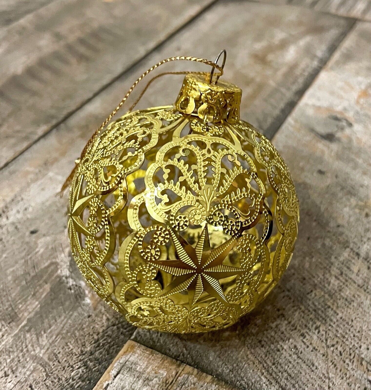 Gold Metal Filigree Round Ornament Vintage 2.5”