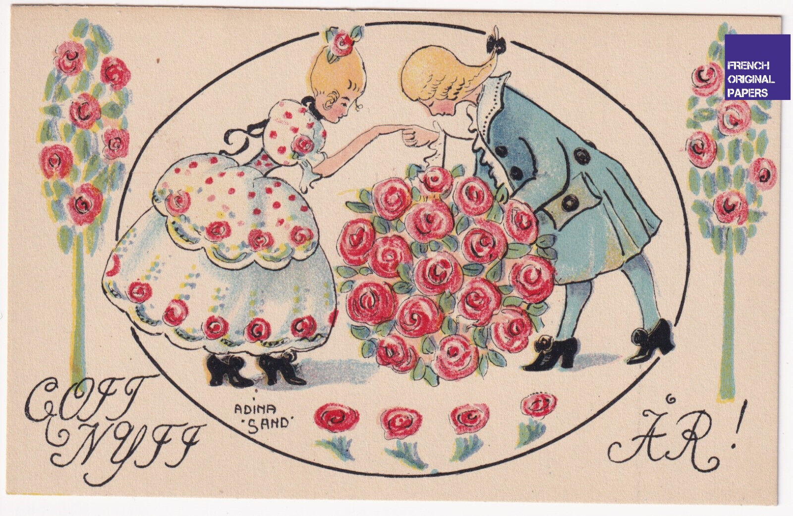 Happy New Year 1920s Vintage CPA Art Deco Pink Flower Adina Sand Women Love Postcard