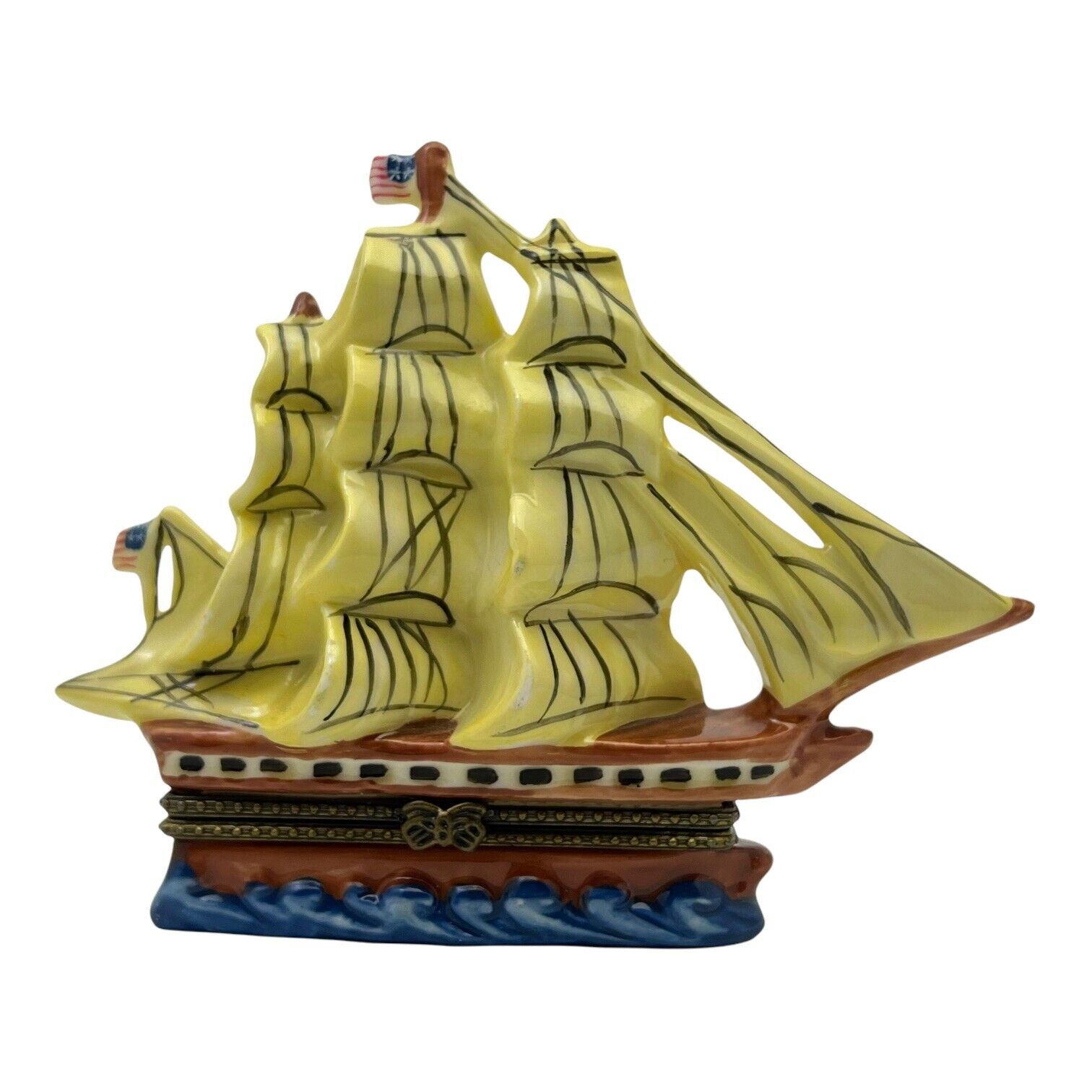 Mast Sailing Ship Hinged Trinket Box Porcelain Trinkets Inside USA Flag