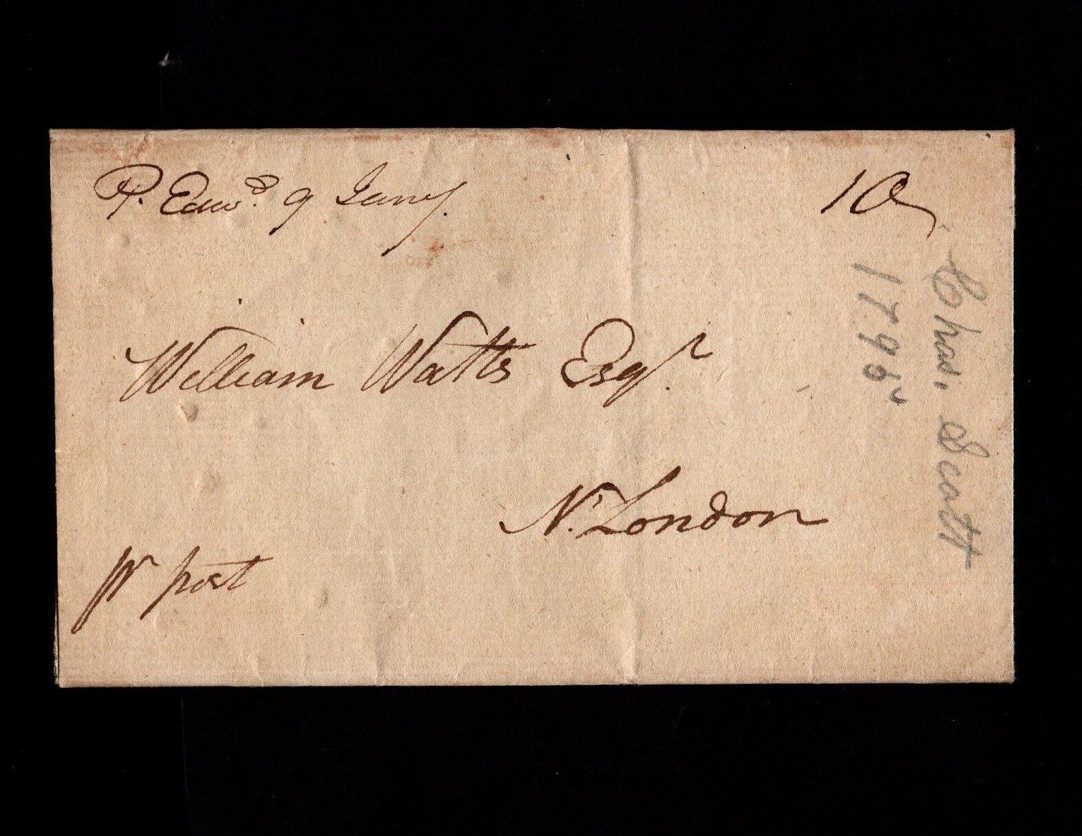 1795 Prince Edward, VA Stampless Folded Letter - Charles Scott to William Watts 