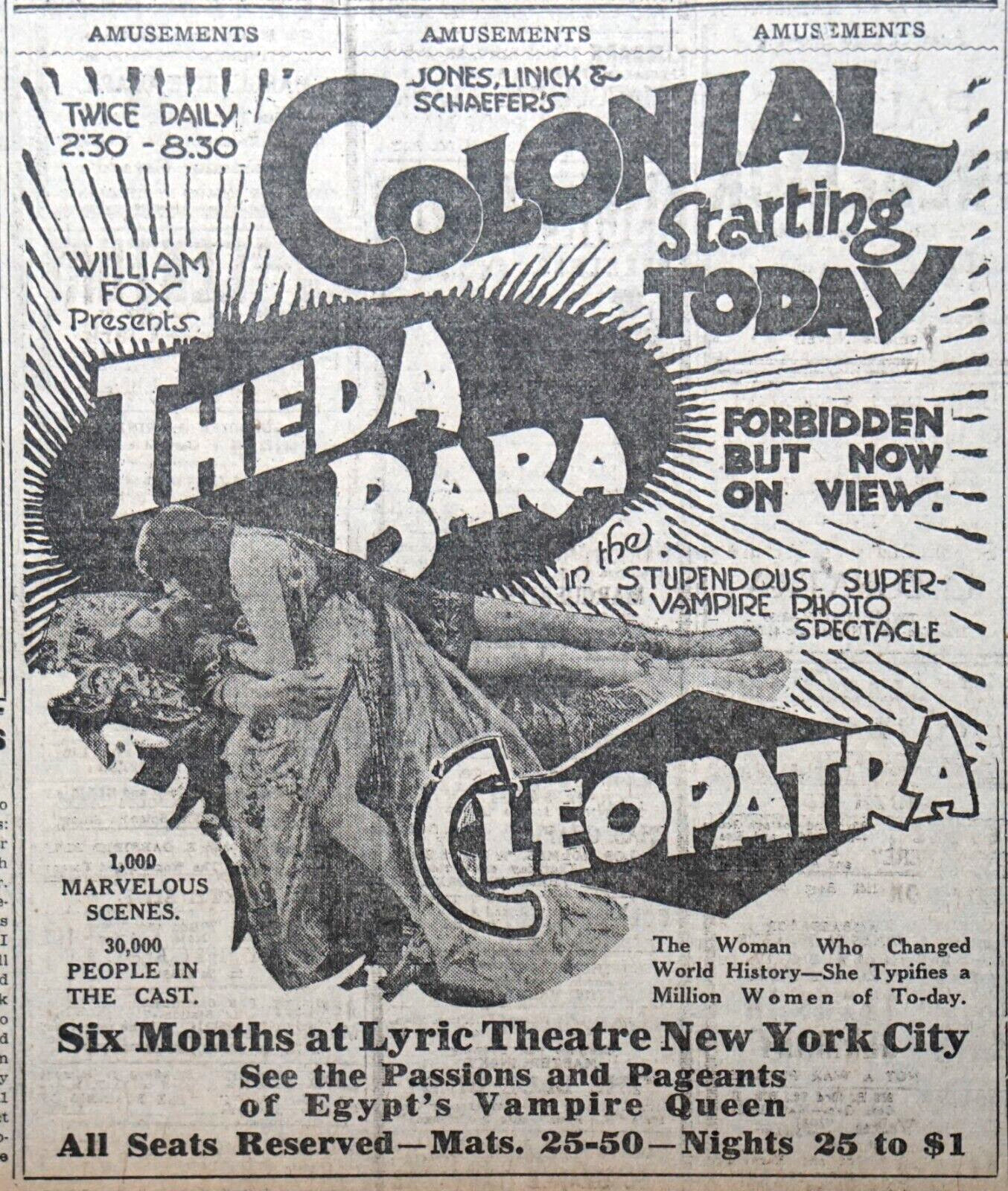 1918 Chicago Newspaper Page - Rare Theda Bara in Cleopatra Movie Ad