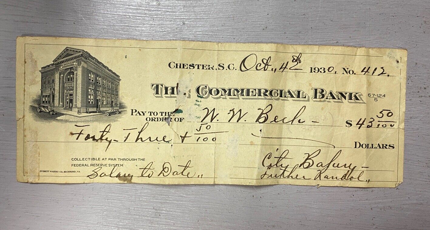 1930 Check, The Commercial National Bank, Chester, S.C.