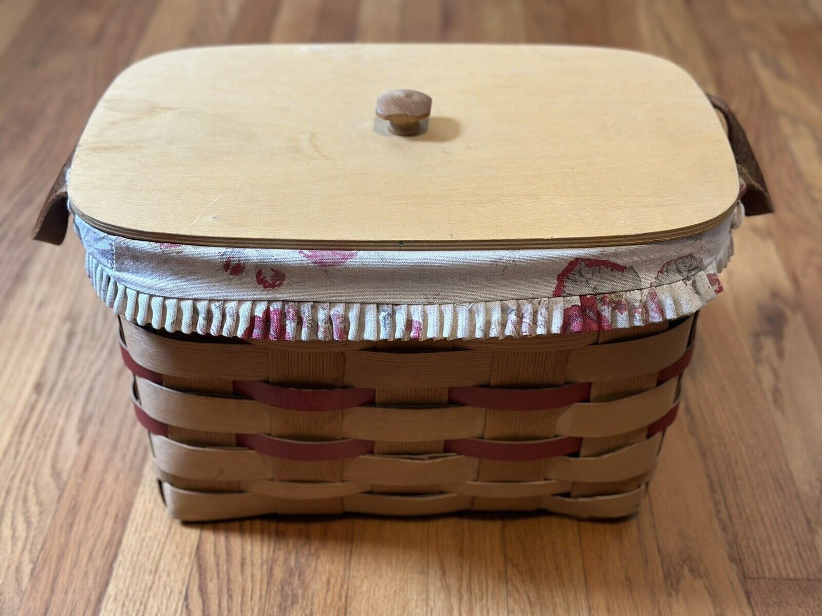 Vintage Peterboro Picnic Basket with Wood Lid And Floral Lining, Leather Straps
