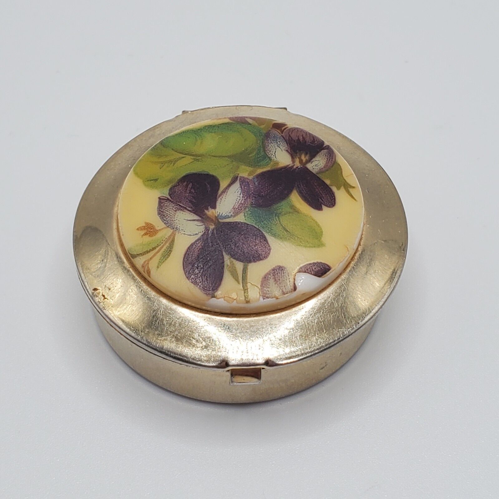 Vintage Hand Painted Floral Trinket Box Mini Metal Round Hinge Snap Closure