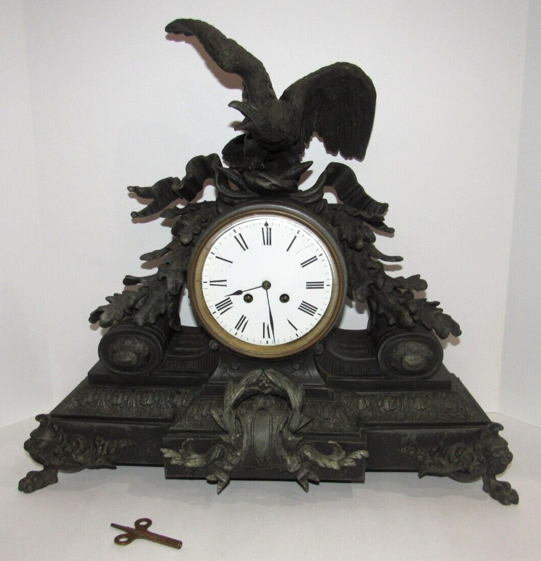 Antique French Japy Freres Eagle Top Large Ornate Mantel Clock 8-Day,Time/Strike