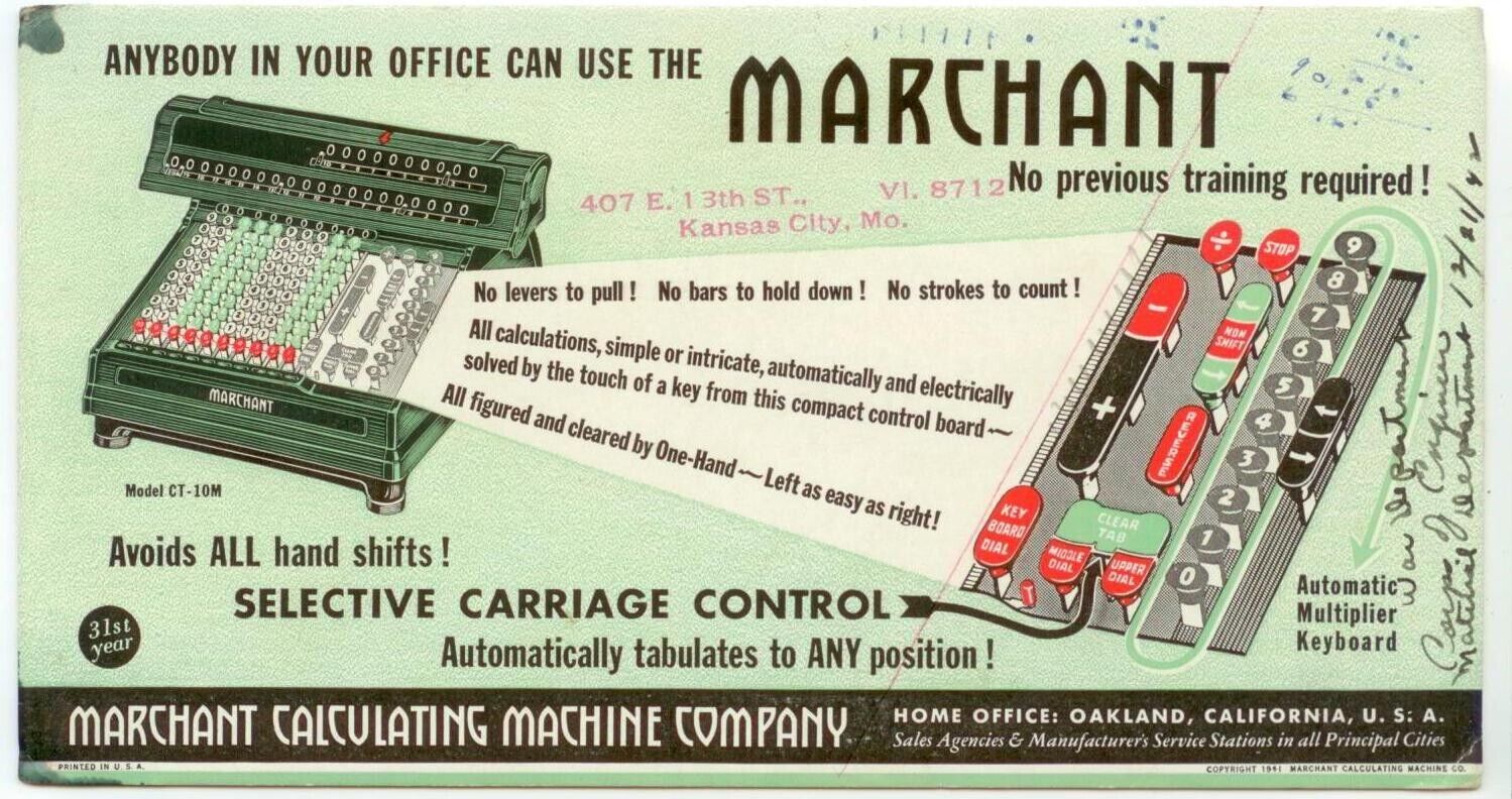 1941 Marchant Calculating Machine Co Kansas City Missouri ad blotter 407 E 13th