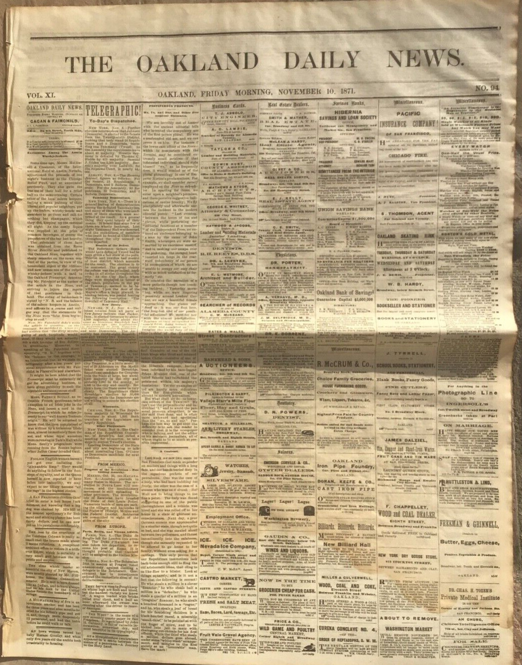 1871 Original Oakland Newspaper - Austin, Nevada - Mexico Revolution - Tammany