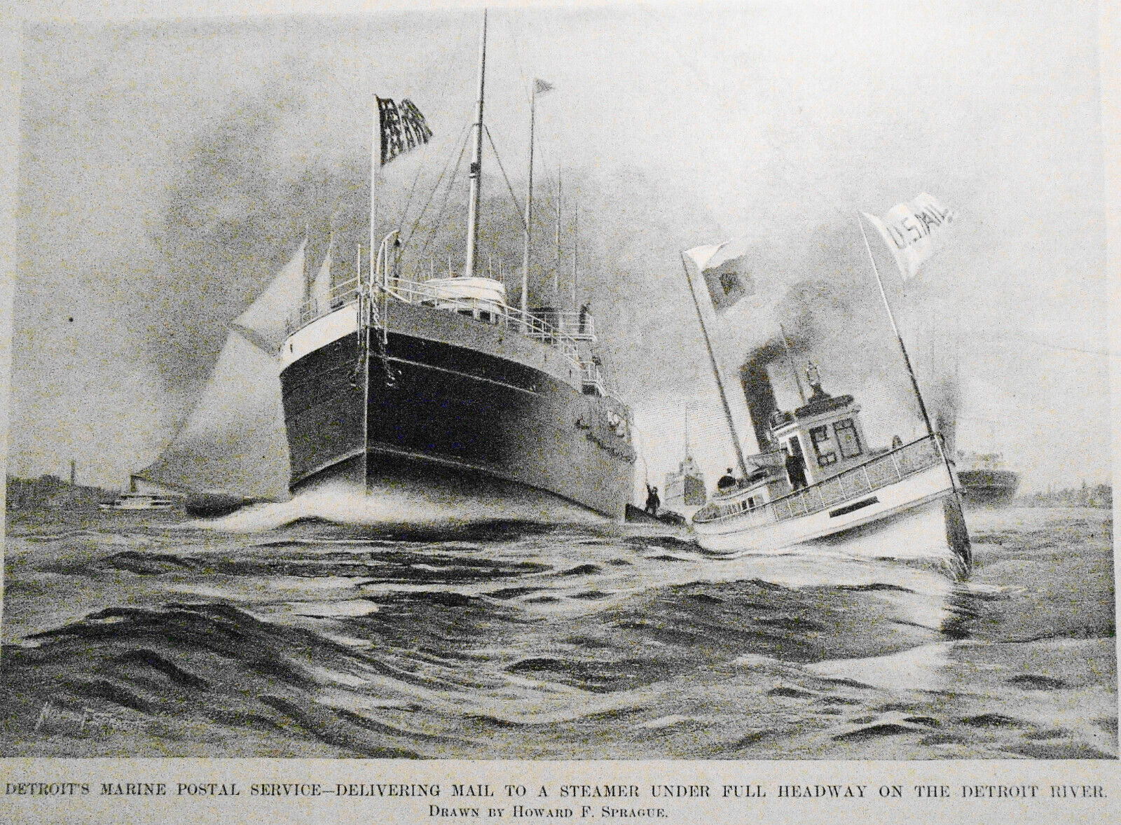 Detroit\'s Marine Postal Service - Harper\'s Weekly ca 1908 - Story & Print