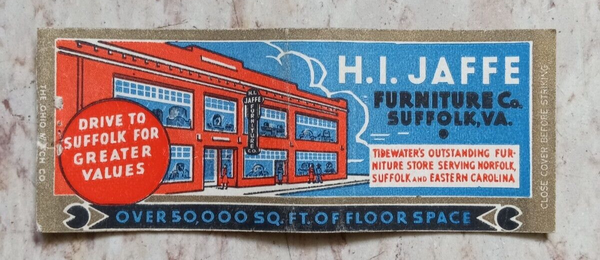 Vintage Matchbook Matchcover H.I. Jaffe Furniture Co. Suffolk, VA.