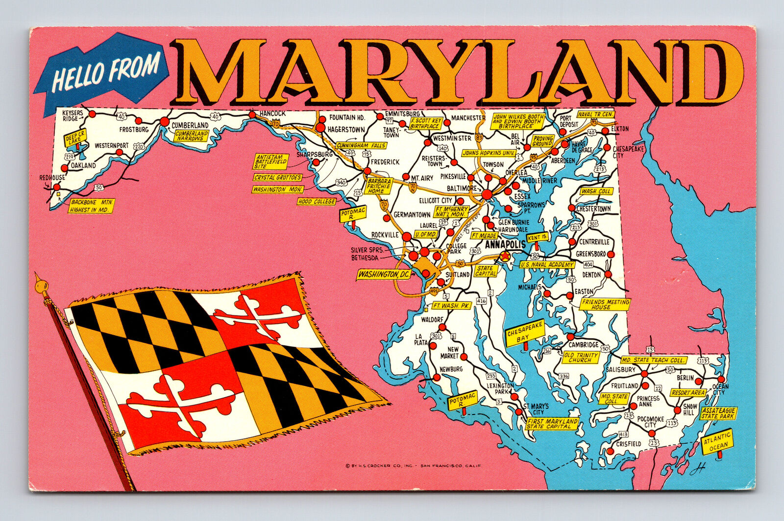 Tourist State Map & Flag Hello Greetings from Maryland MD Postcard