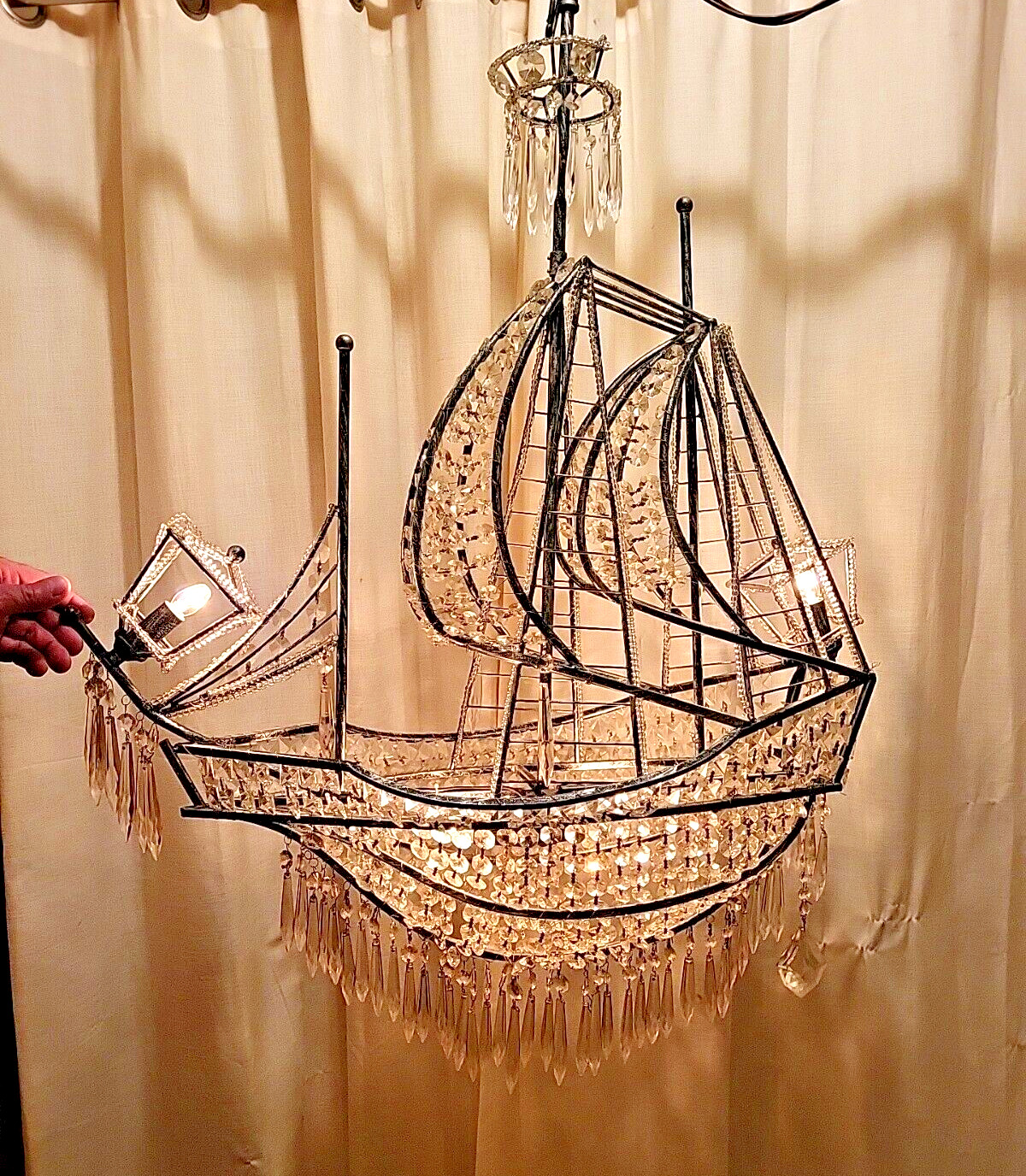 Stunning Large Loaded w/ Crystals 4 Light  Sailing Ship Boat Nautical Chandelier