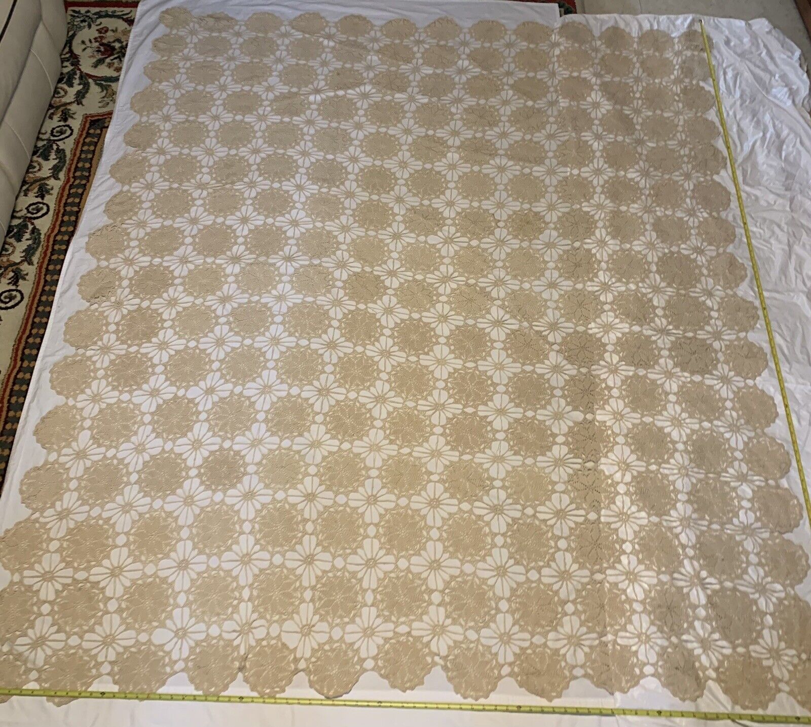 VTG Handmade Crochet Bedspread Beigh 89”x77”Beautiful
