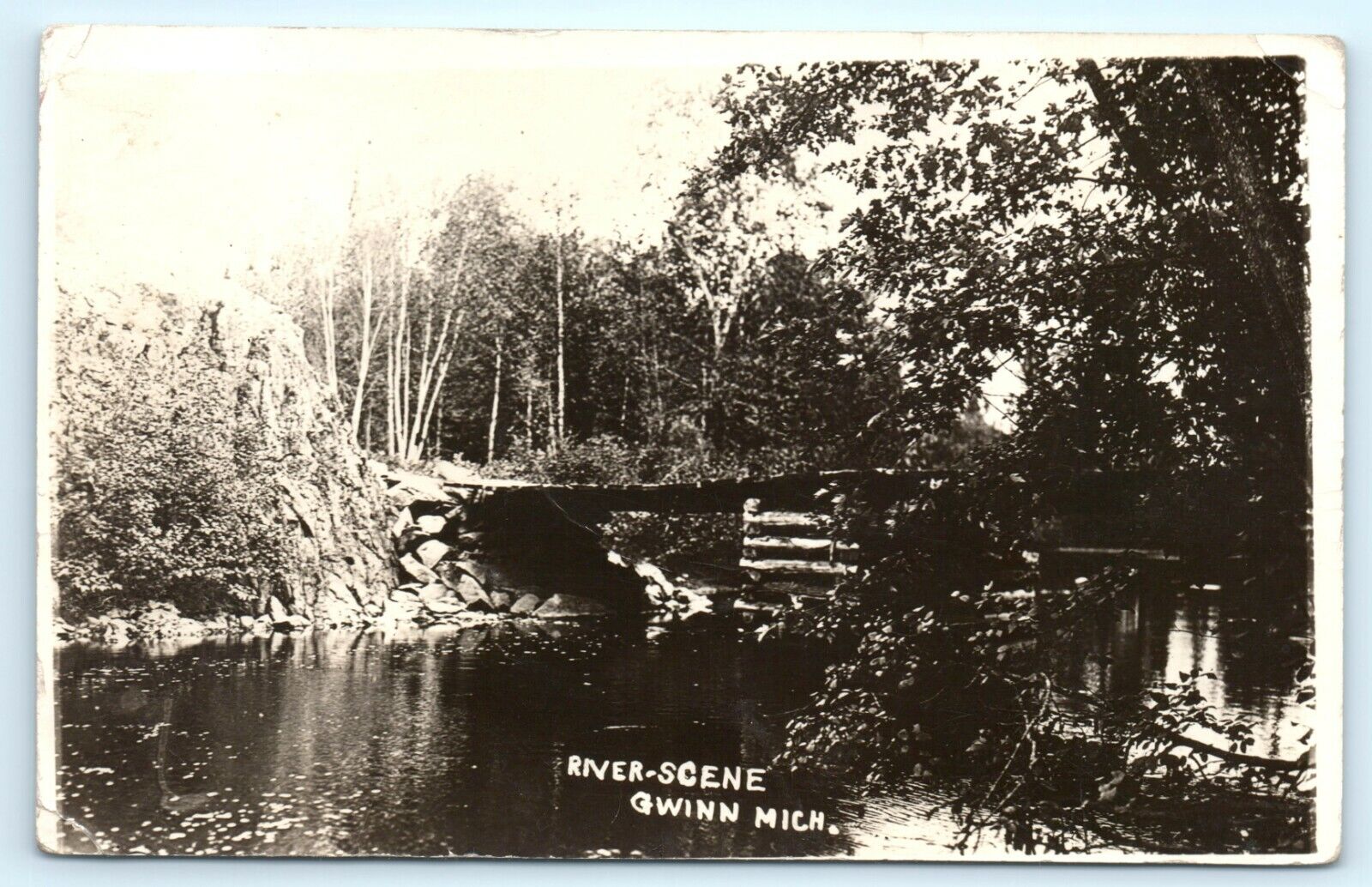 POSTCARD RPPC River Scene Gwinn Michigan Old Wood Bridge