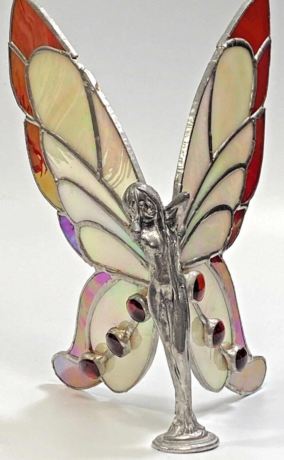 Vintage Pretty Stained Glass and Pewter Fairy Self Standing Figurine 7 1/4