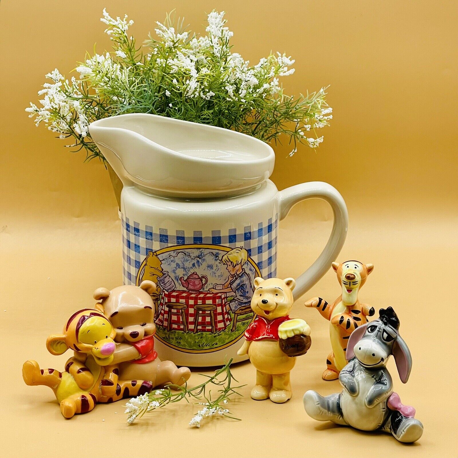 DISNEY Japan Ceramic Winnie The Pooh Figures + TREASURE CRAFT Pitcher 7” VTG *