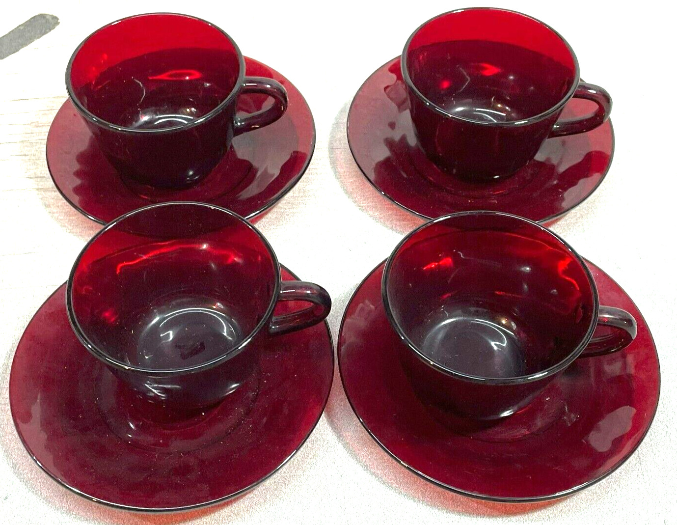 FOUR Set 4 Anchor Hocking Ruby Red Cups And Saucers