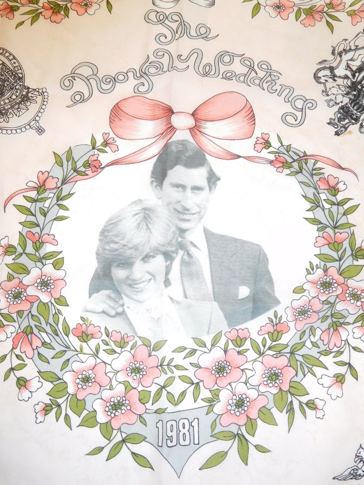 Scarce Vintage 1981 Royal Wedding Charles & Diana 25 inch sq. PINK Silk Scarf